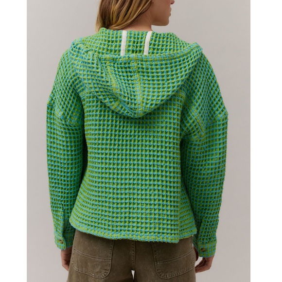 NWT UO Waffle Neon Baja Beach Stanley Pullover Button Pocket Hoodie - Picture 4 of 5